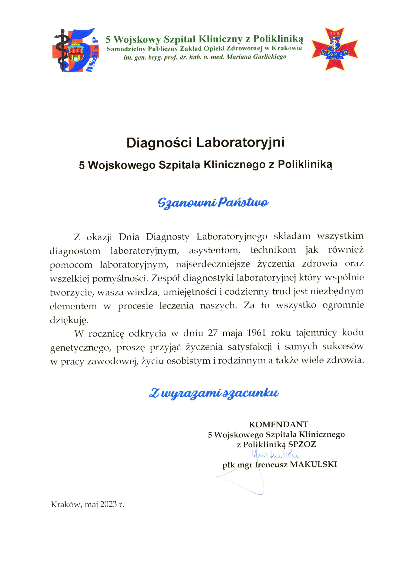 Życzenia z okazji Dnia Diagnosty Laboratoryjnego