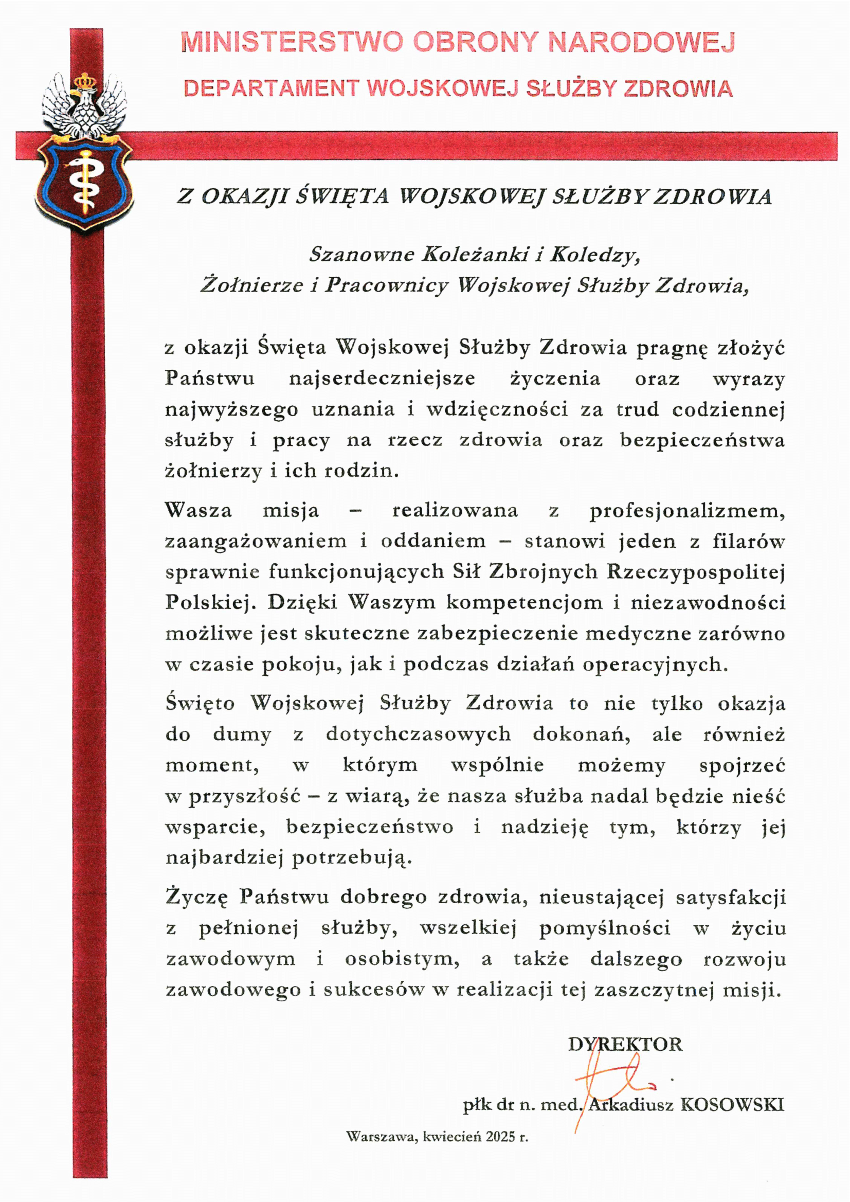 Życzenia Dyrektora DWSZ z okazji Święta Wojskowej Służby Zdrowia